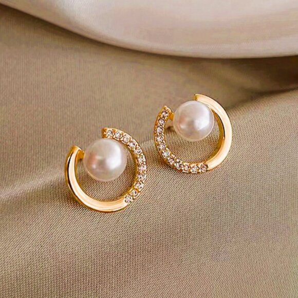 14K Gold Womens 1ct Diamond Natural Freshwater White Pearl Stud Earrings Jewelry